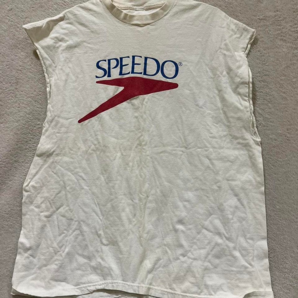 Vintage white Speedo tank top blue and red design no size tag likely size M/L